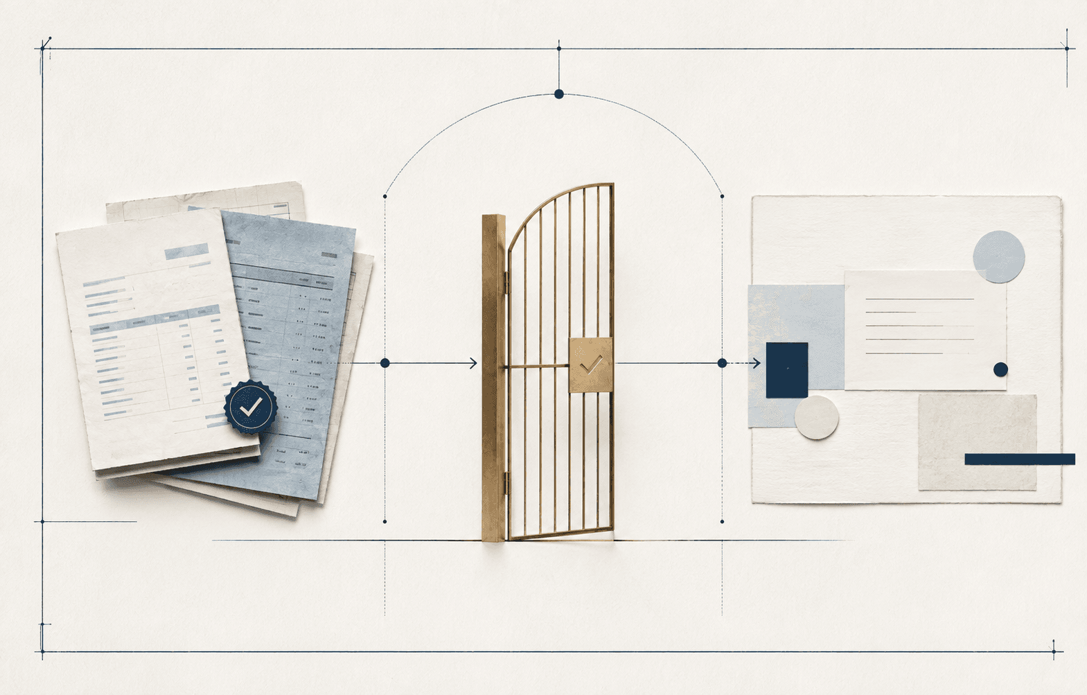 Financial evidence passing through a controlled approval gate into an AI workspace